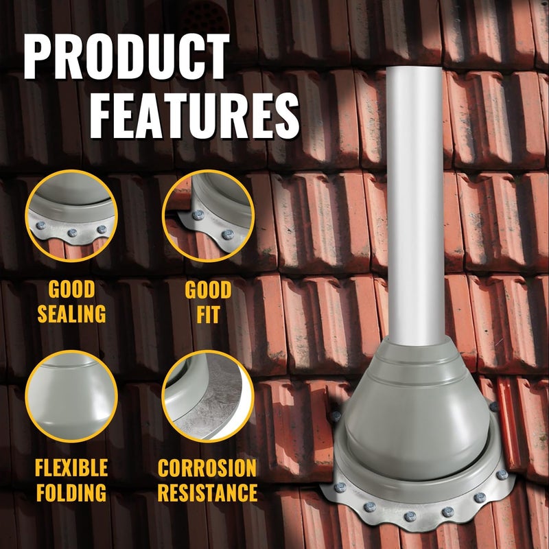 VIVIDA #1 Silicone Metal Roof Pipe Flashing Boot, High Temp Flexible Roof Jack Vent Boot for Pipe OD 1-1/4" to 2-3/8", Screws & Hex Socket Included, 1 Pack, Gray - Image 4